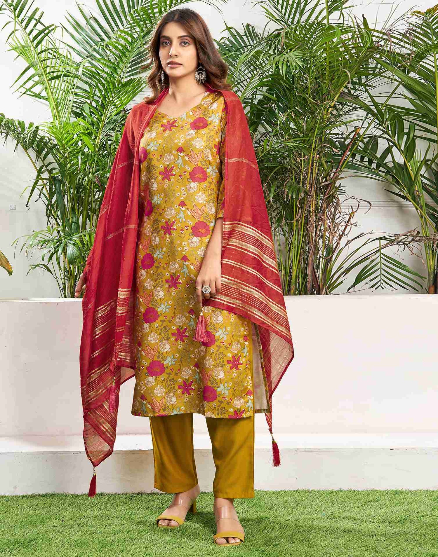 Mustard Yellow Cotton Printed Straight Kurta With Pant And Dupatta