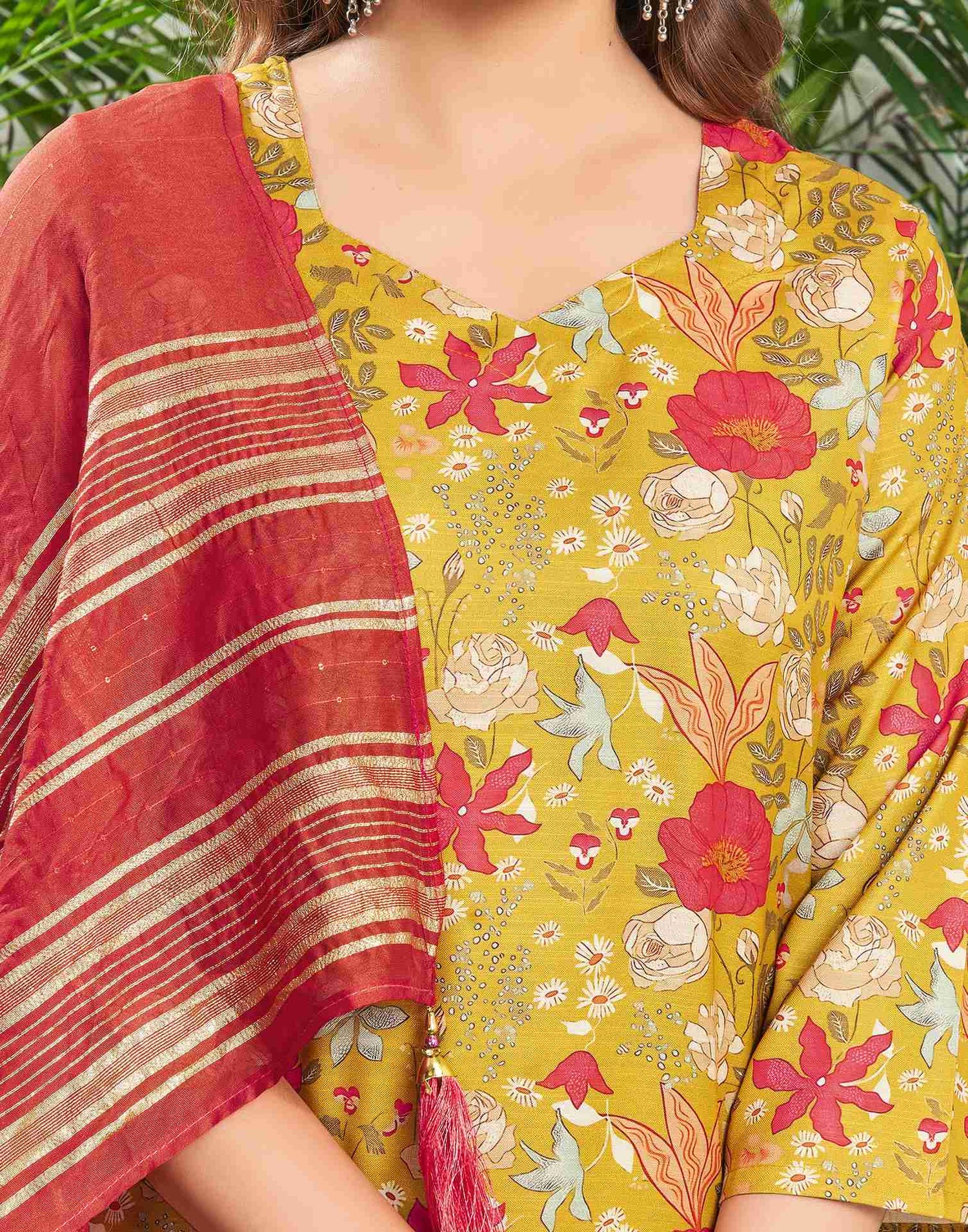 Mustard Yellow Cotton Printed Straight Kurta With Pant And Dupatta