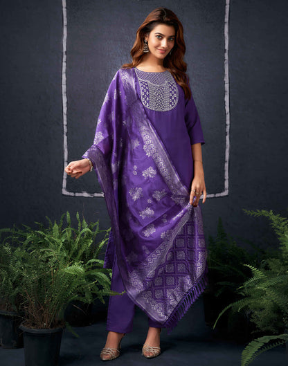 Dark Purple Cotton Sequence Straight Kurta Set With Dupatta