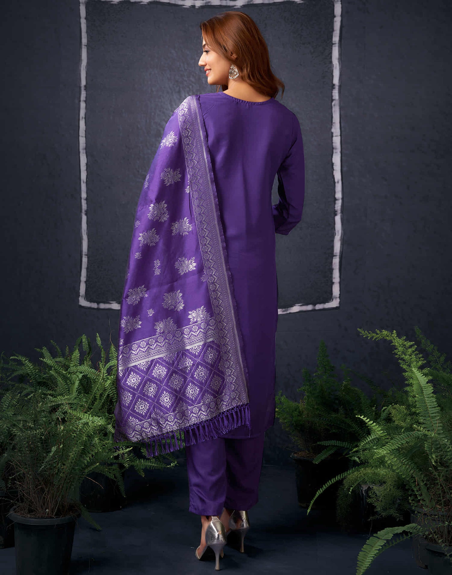 Dark Purple Cotton Sequence Straight Kurta Set With Dupatta