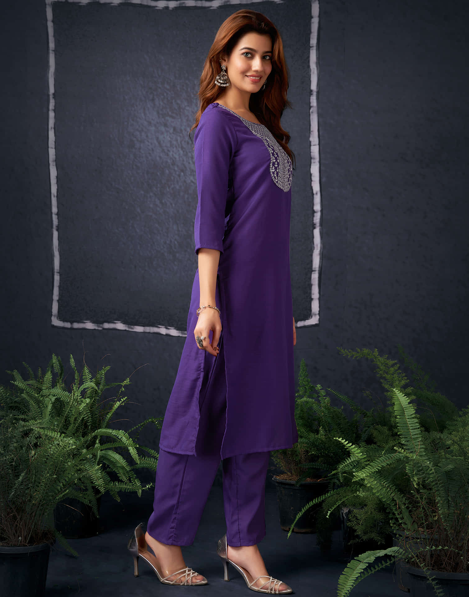 Dark Purple Cotton Sequence Straight Kurta Set With Dupatta