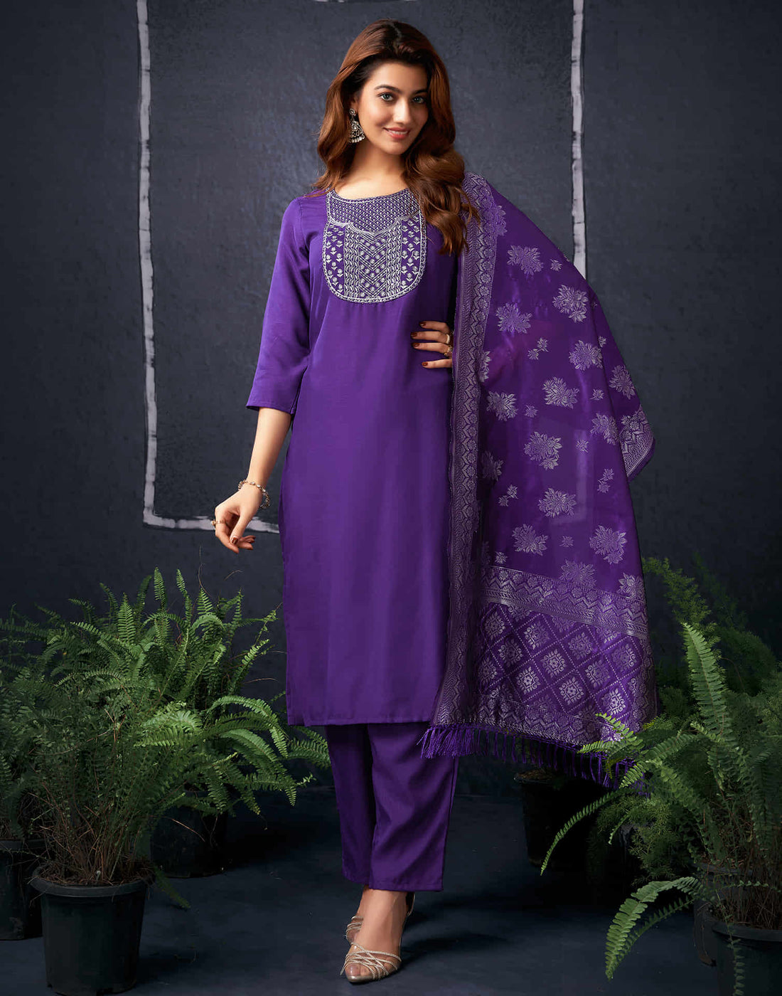 Dark Purple Cotton Sequence Straight Kurta Set With Dupatta