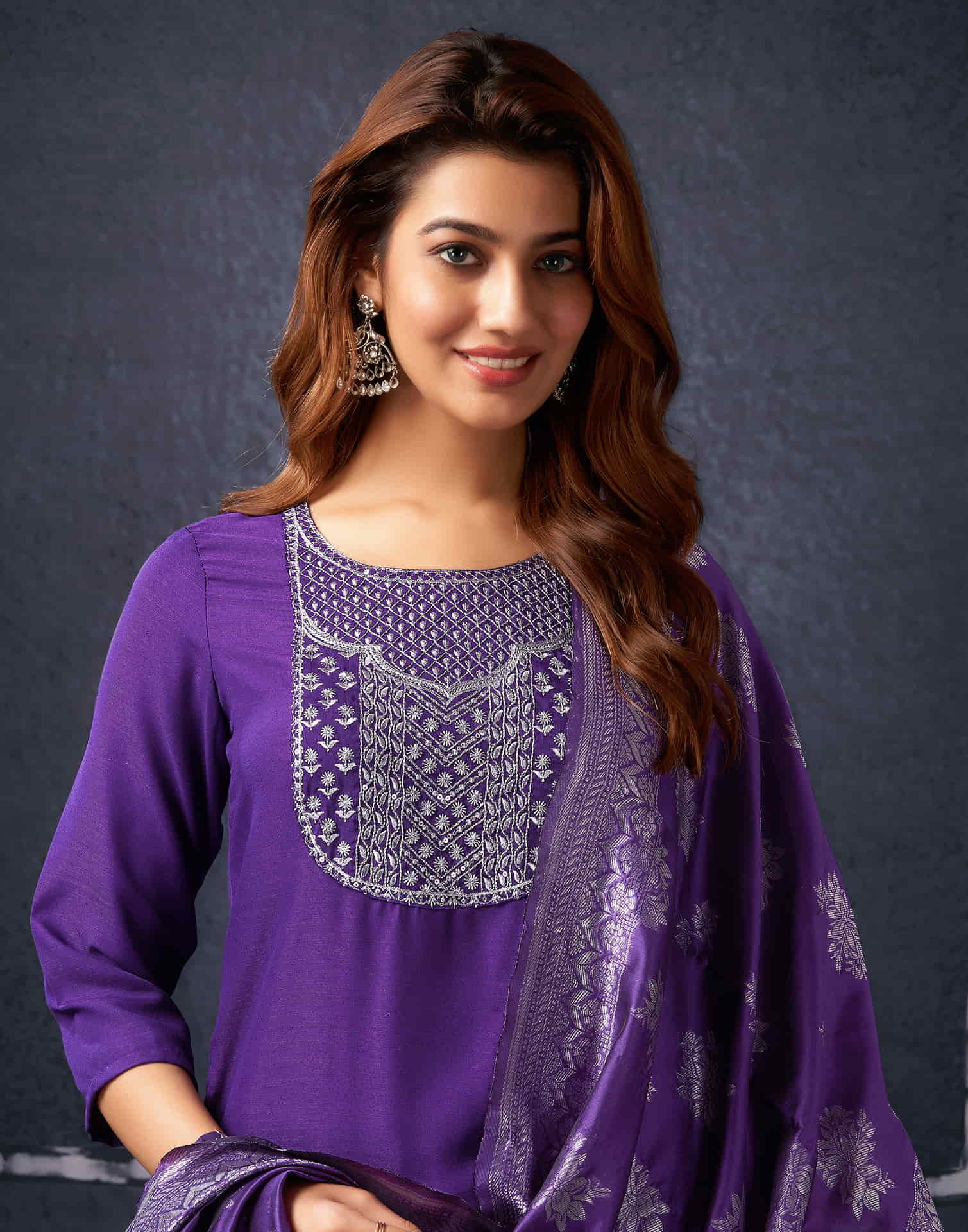 Dark Purple Cotton Sequence Straight Kurta Set With Dupatta