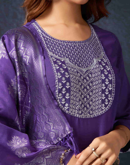 Dark Purple Cotton Sequence Straight Kurta Set With Dupatta