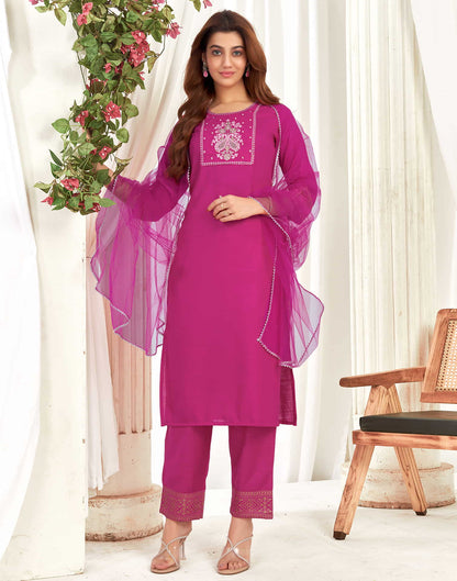 Rani Pink Cotton Sequence Straight Kurta Set With Dupatta