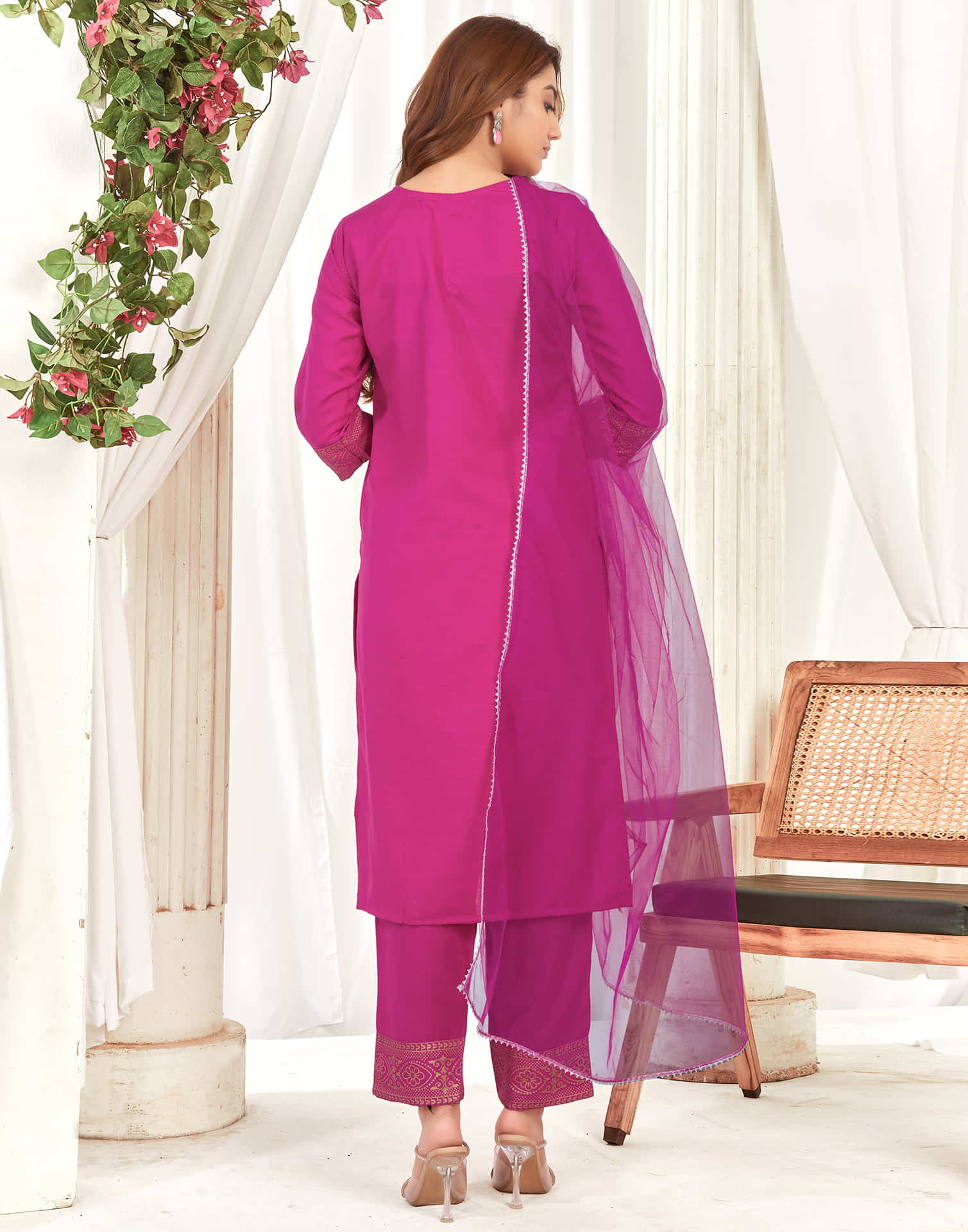 Rani Pink Cotton Sequence Straight Kurta Set With Dupatta