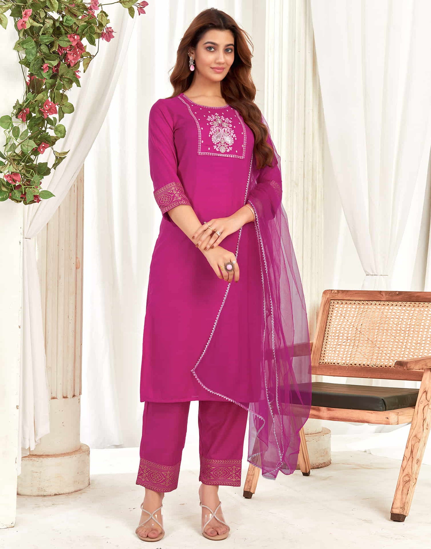 Rani Pink Cotton Sequence Straight Kurta Set With Dupatta