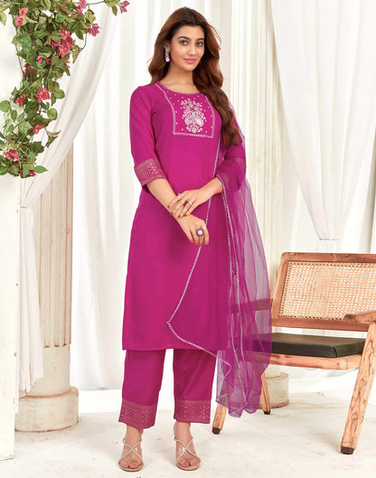 Rani Pink Cotton Sequence Straight Kurta Set With Dupatta