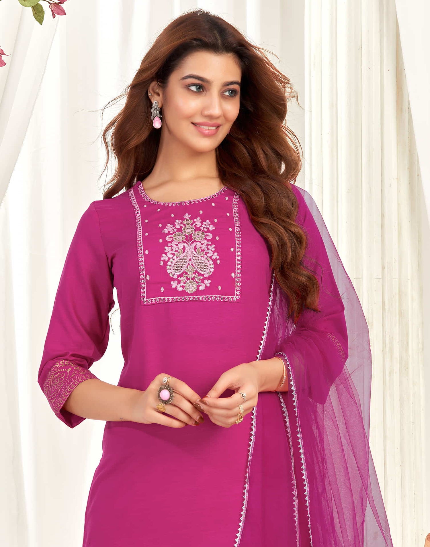 Rani Pink Cotton Sequence Straight Kurta Set With Dupatta