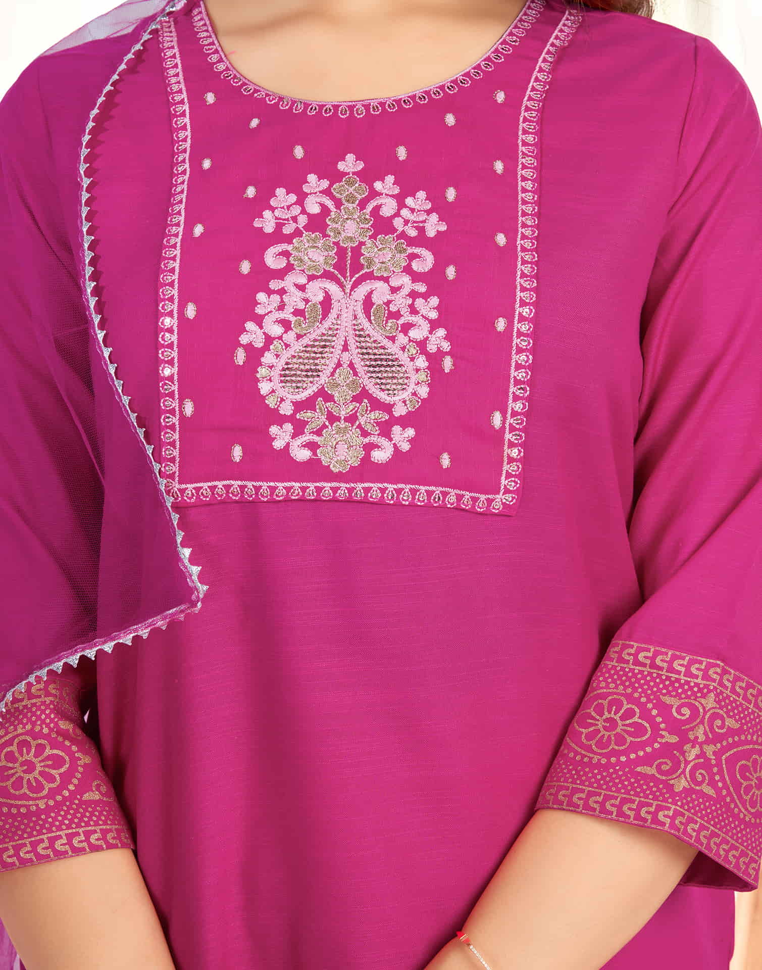 Rani Pink Cotton Sequence Straight Kurta Set With Dupatta