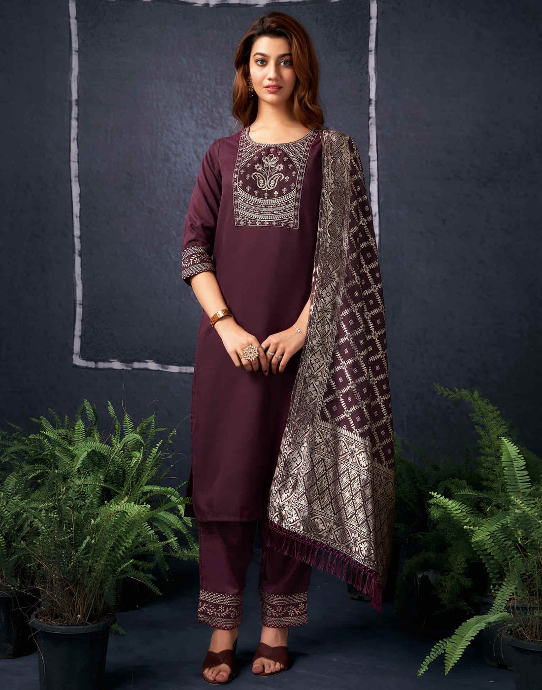 Maroon Cotton Sequence Straight Kurta Set With Dupatta