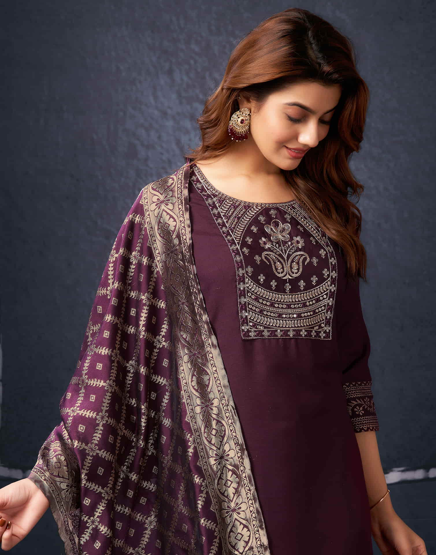 Maroon Cotton Sequence Straight Kurta Set With Dupatta