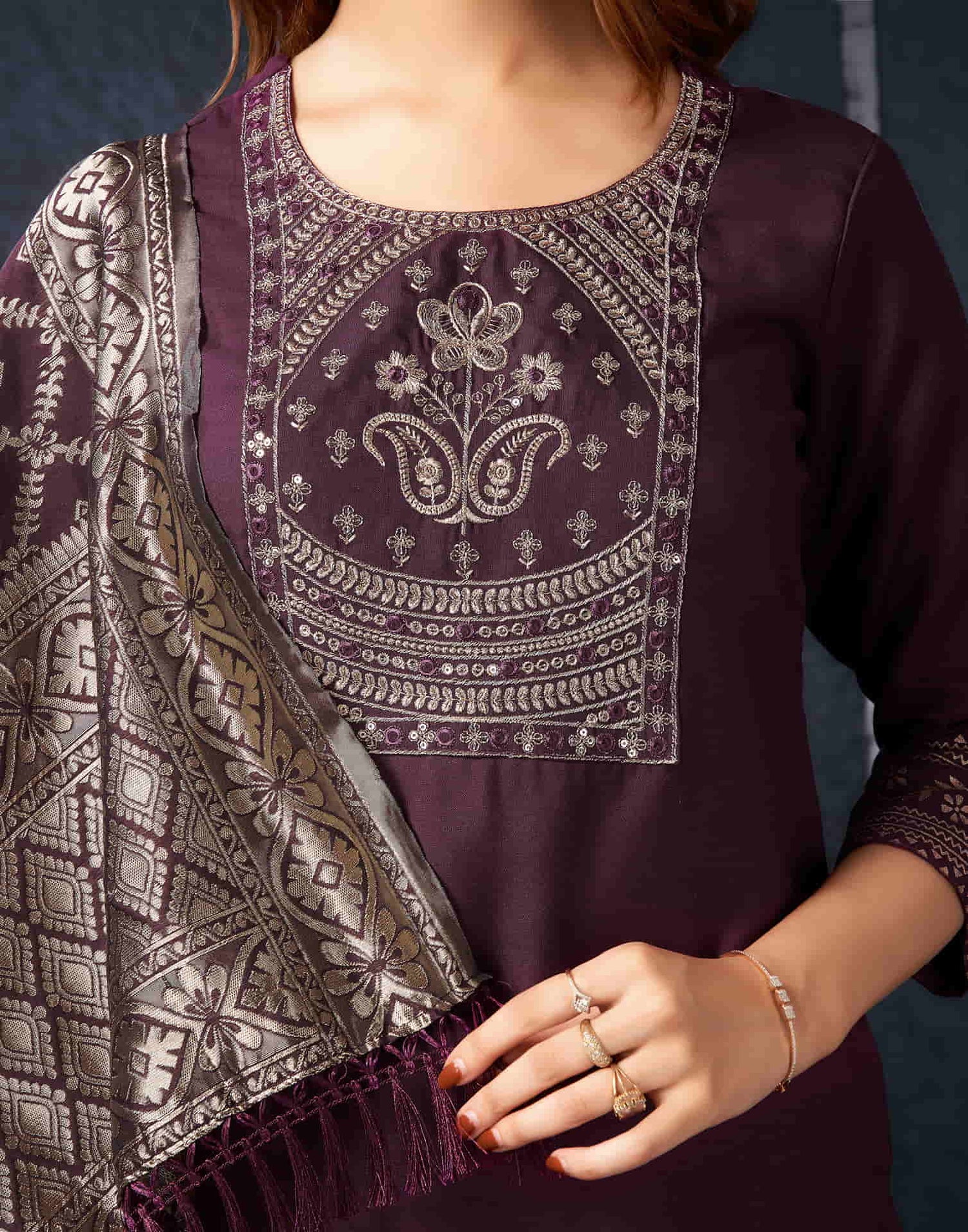 Maroon Cotton Sequence Straight Kurta Set With Dupatta