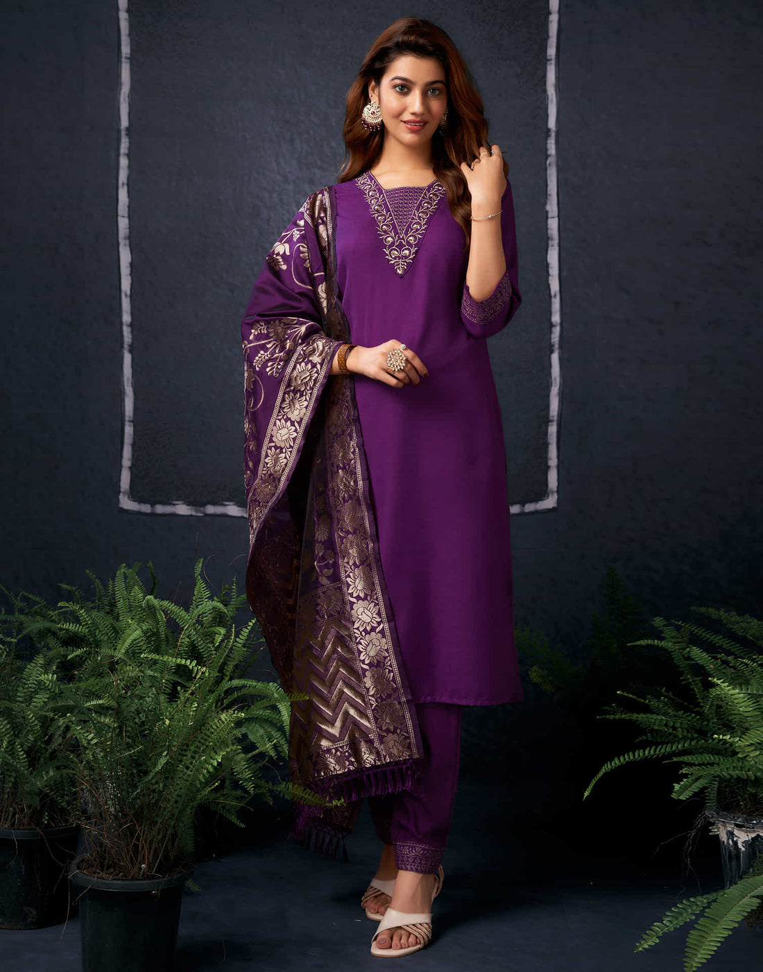 Wine Cotton Sequence Straight Kurta Set With Dupatta