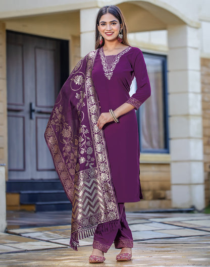 Wine Cotton Sequence Straight Kurta Set With Dupatta