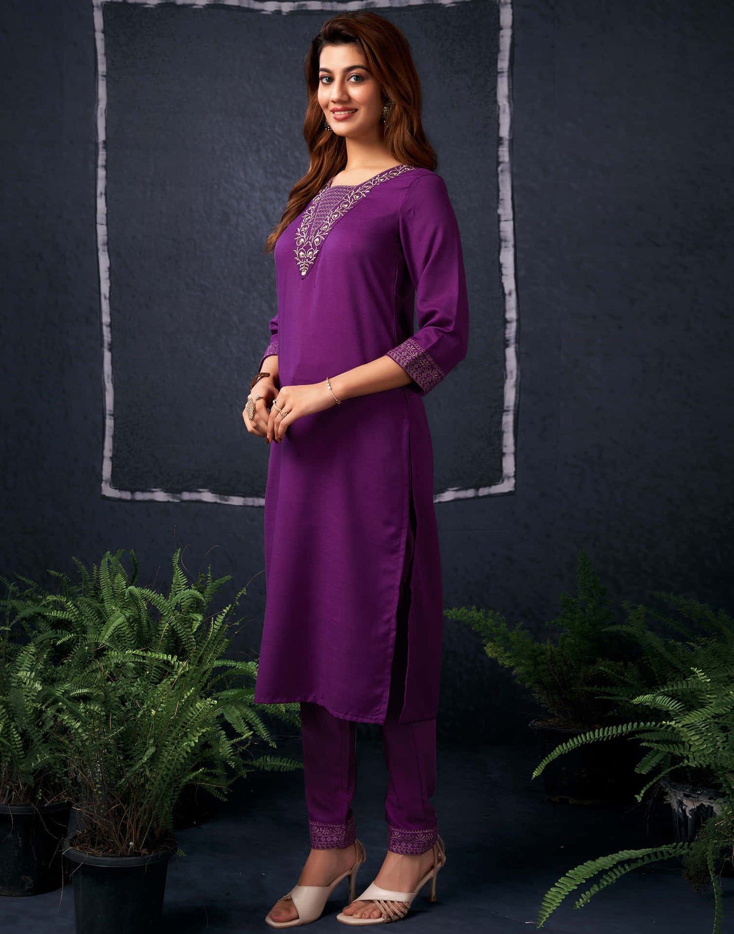 Wine Cotton Sequence Straight Kurta Set With Dupatta