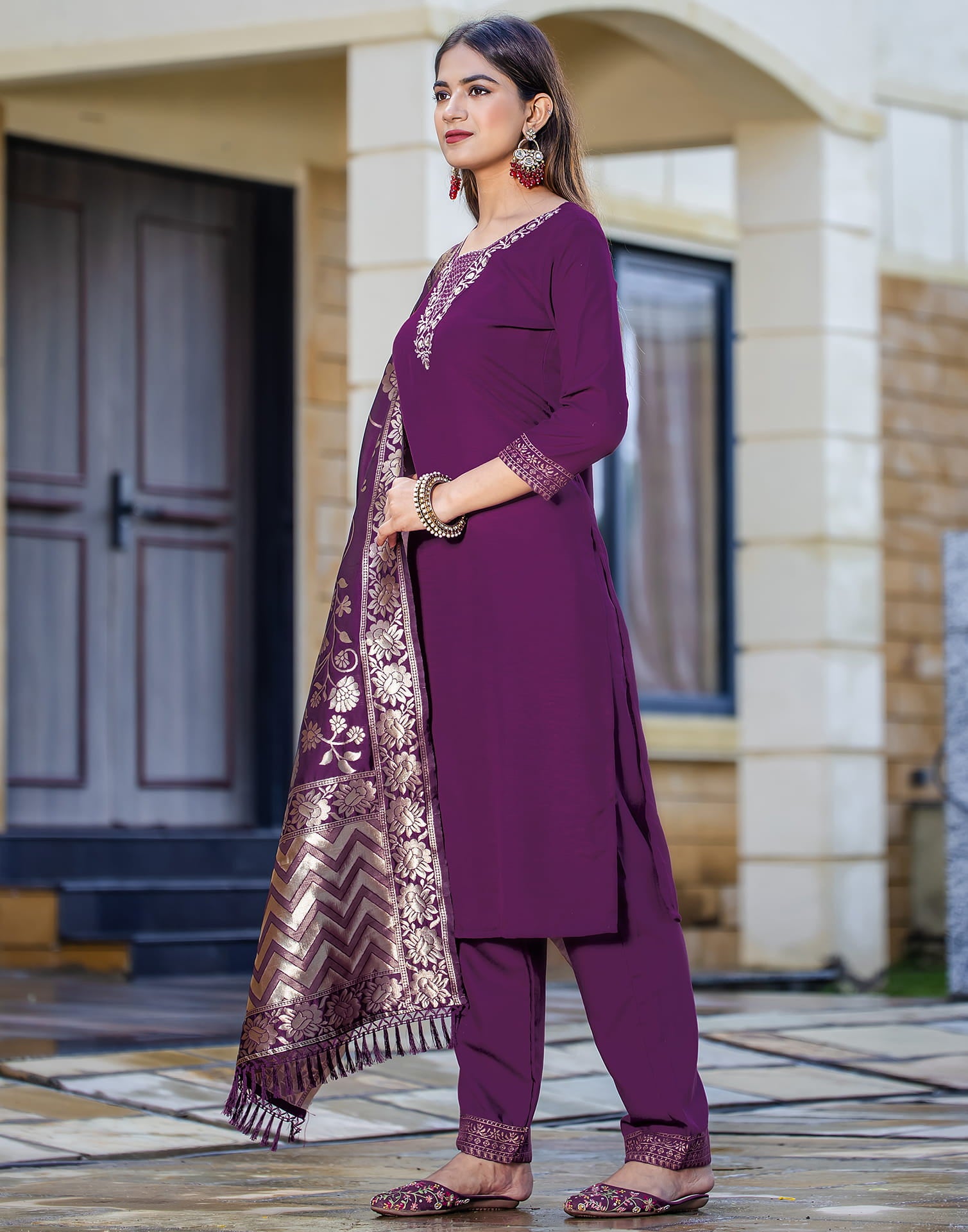 Wine Cotton Sequence Straight Kurta Set With Dupatta