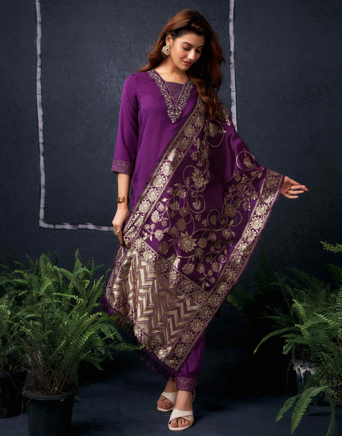 Wine Cotton Sequence Straight Kurta Set With Dupatta