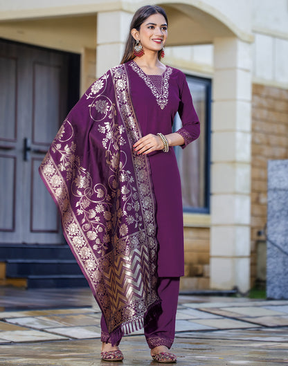 Wine Cotton Sequence Straight Kurta Set With Dupatta