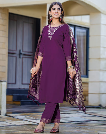 Wine Cotton Sequence Straight Kurta Set With Dupatta