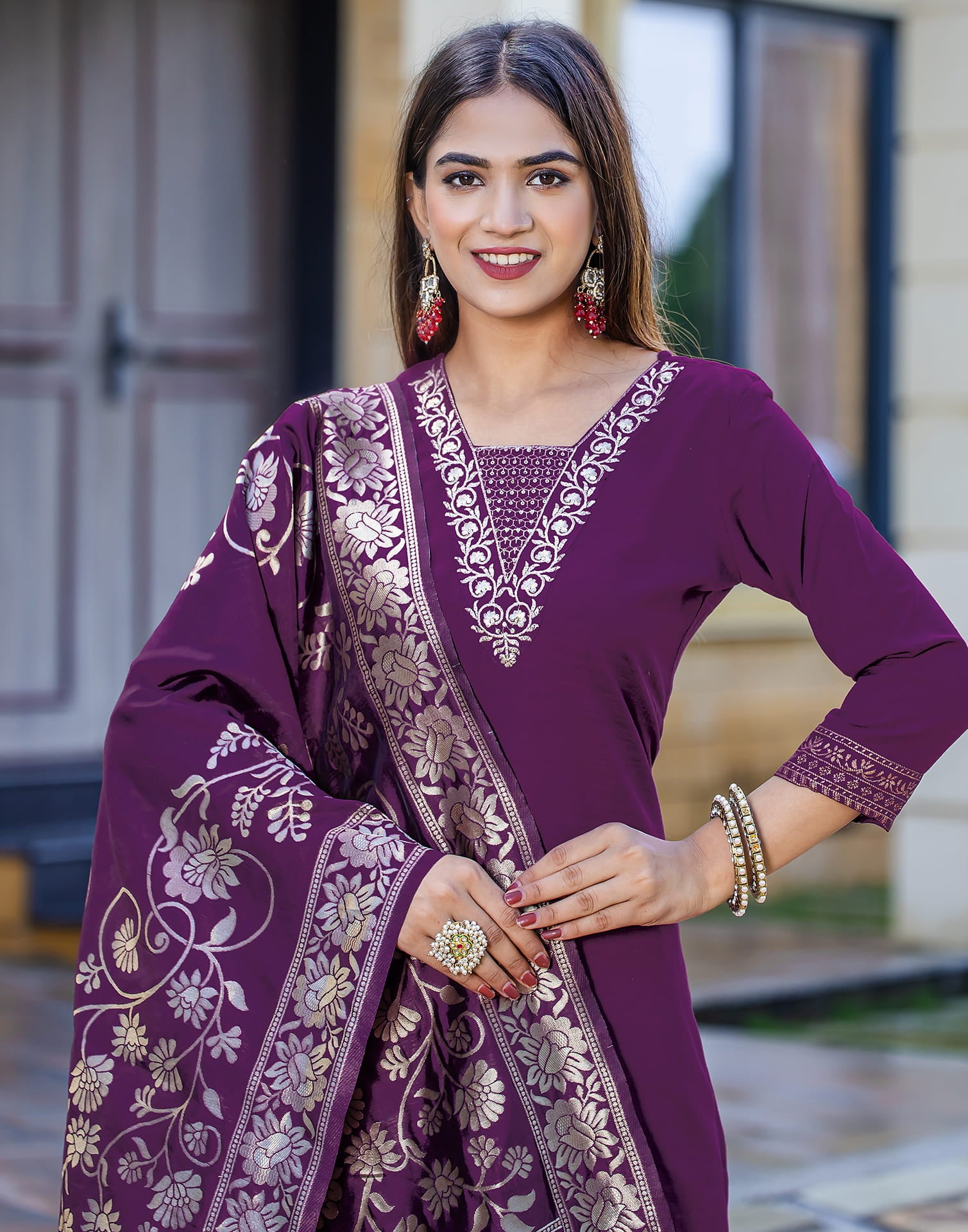 Wine Cotton Sequence Straight Kurta Set With Dupatta