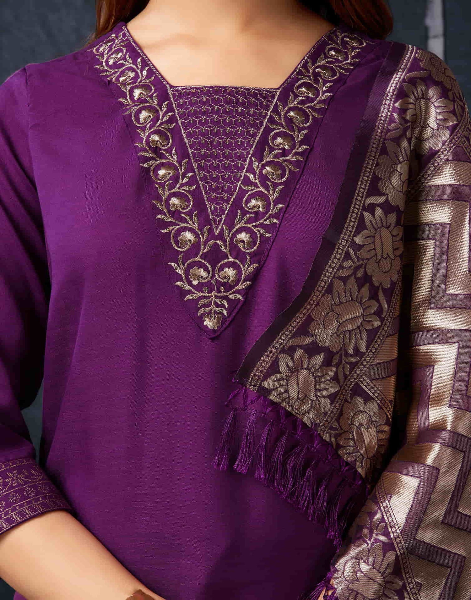 Wine Cotton Sequence Straight Kurta Set With Dupatta