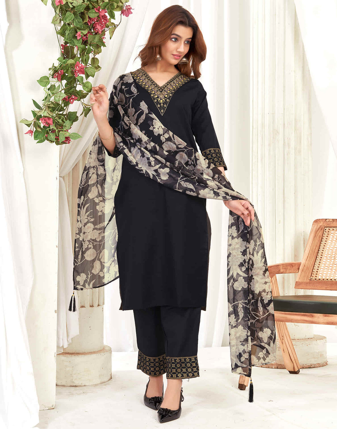 Black Cotton Sequence Straight Kurta Set With Dupatta