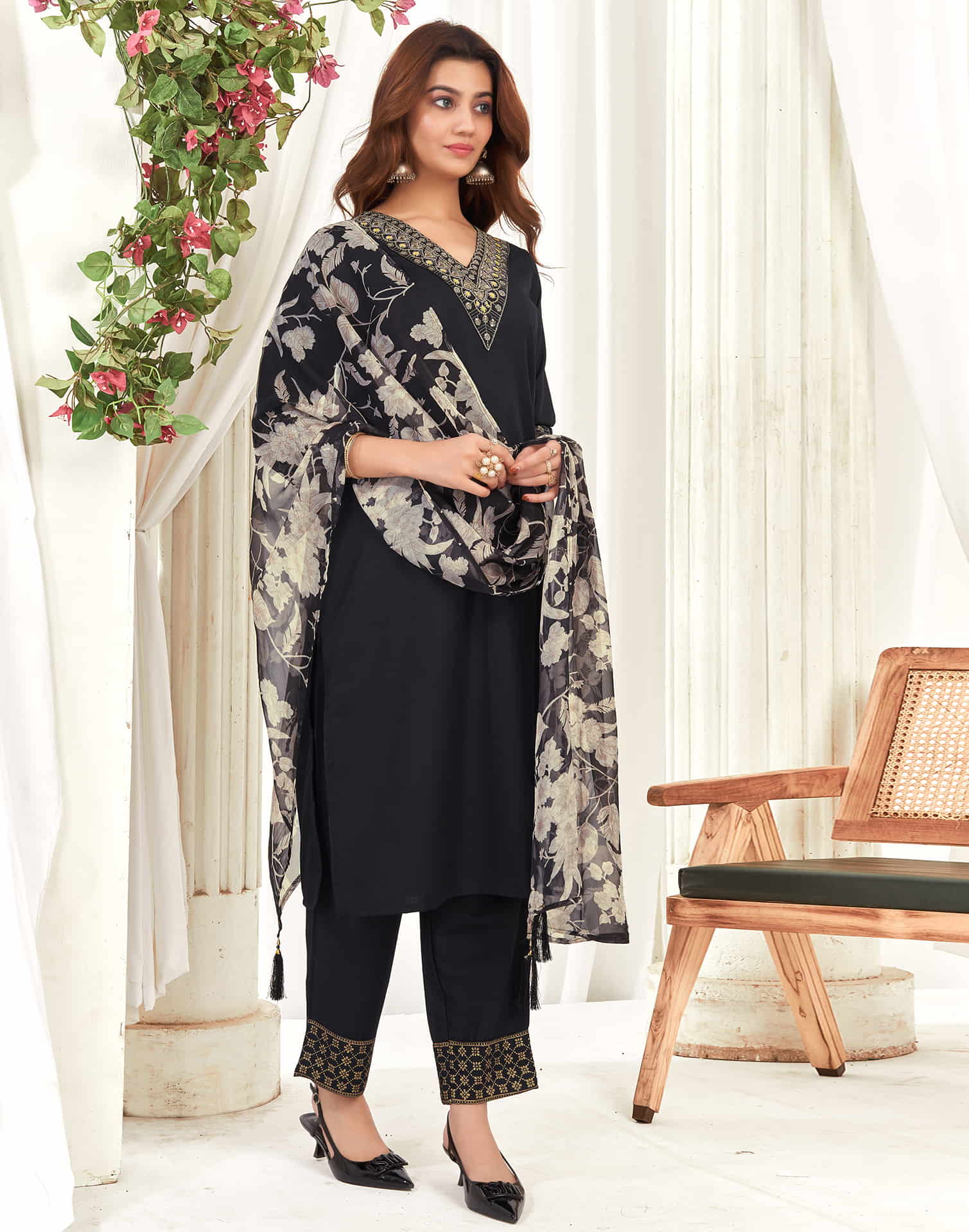 Black Cotton Sequence Straight Kurta Set With Dupatta