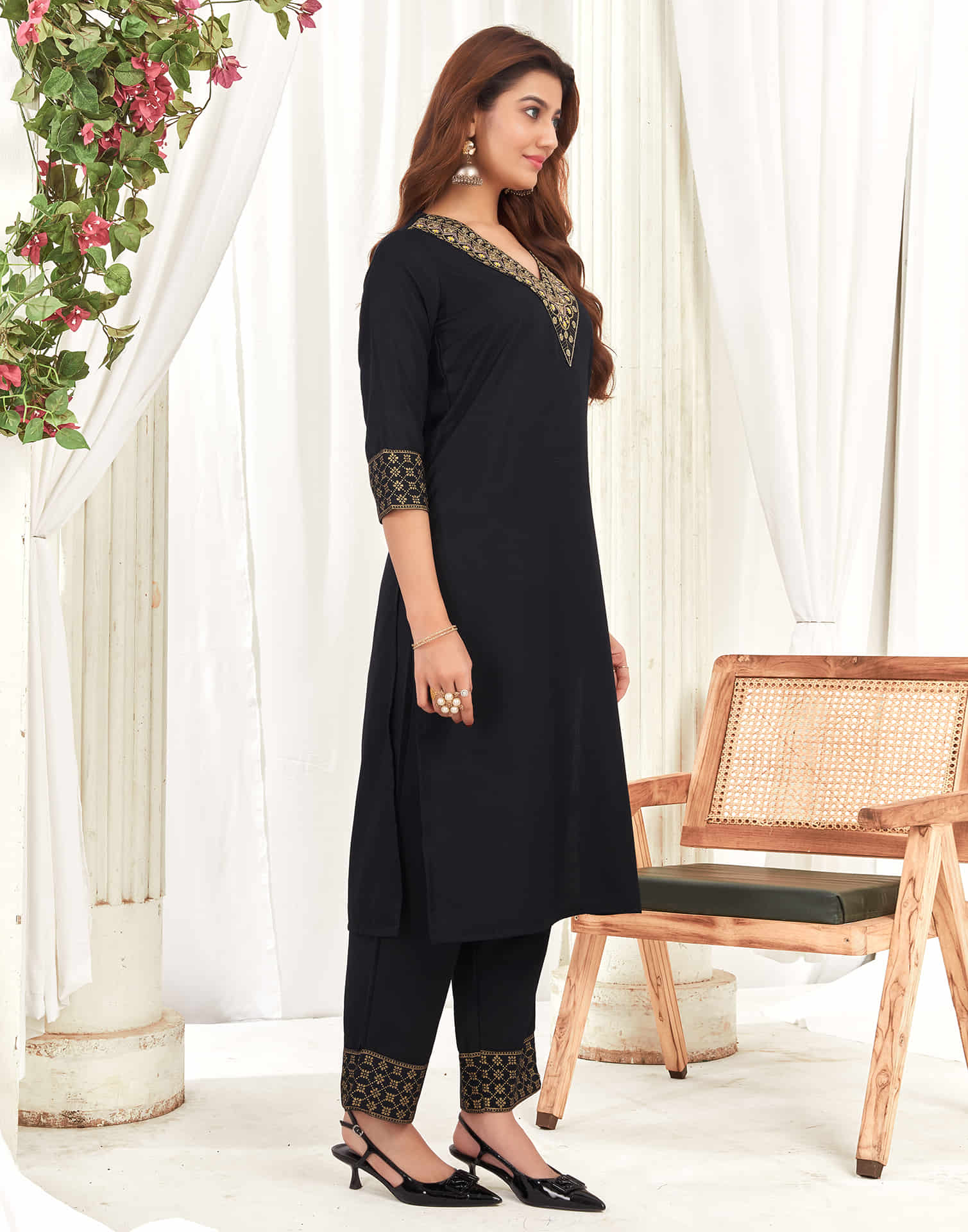 Black Cotton Sequence Straight Kurta Set With Dupatta