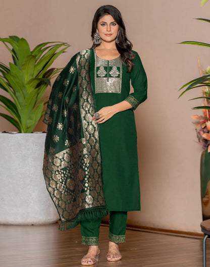 Dark Green Cotton Sequence Straight Kurta Set With Dupatta