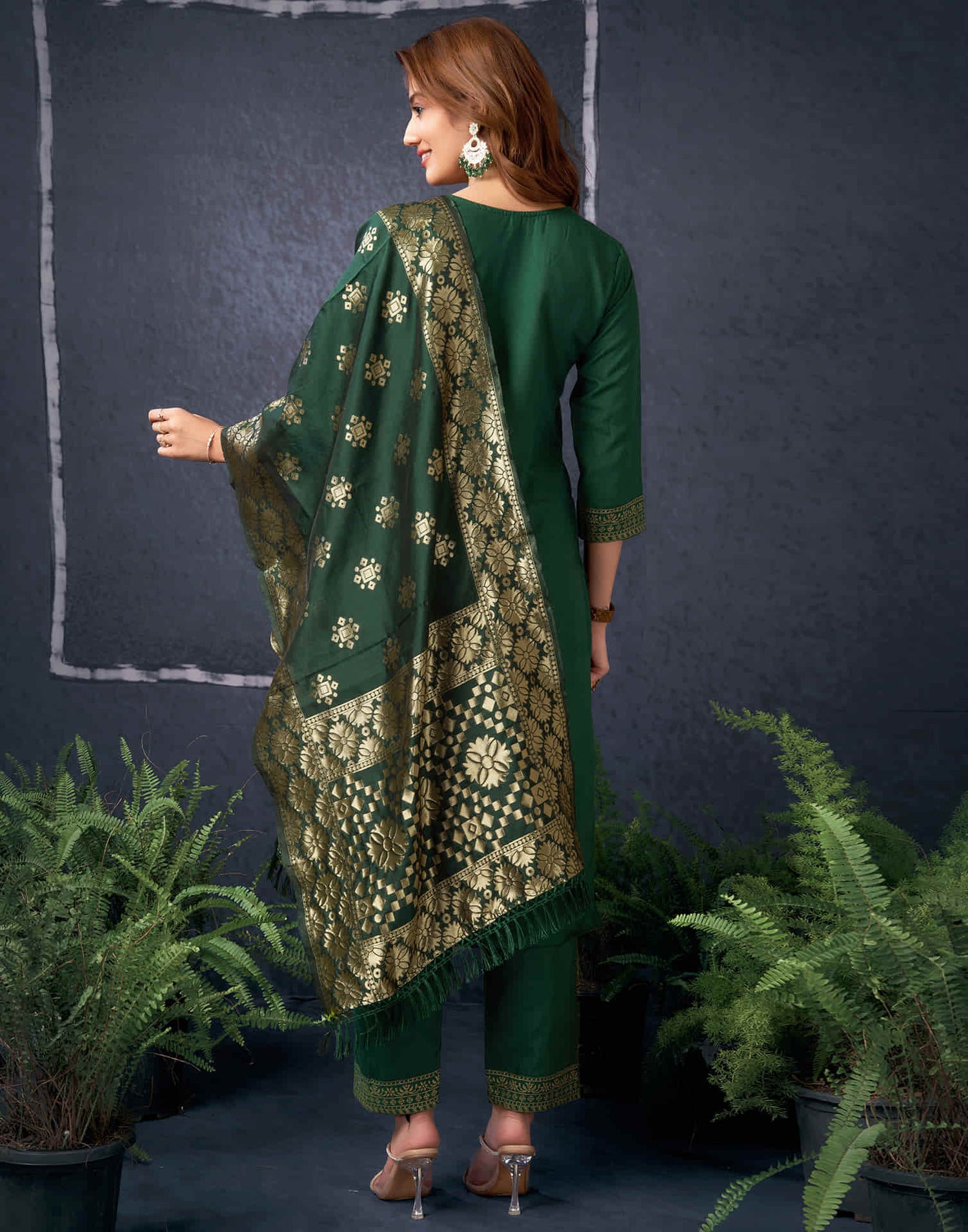 Dark Green Cotton Sequence Straight Kurta Set With Dupatta