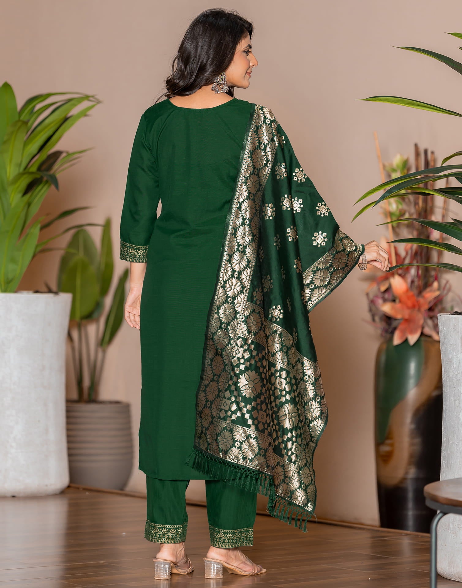 Dark Green Cotton Sequence Straight Kurta Set With Dupatta