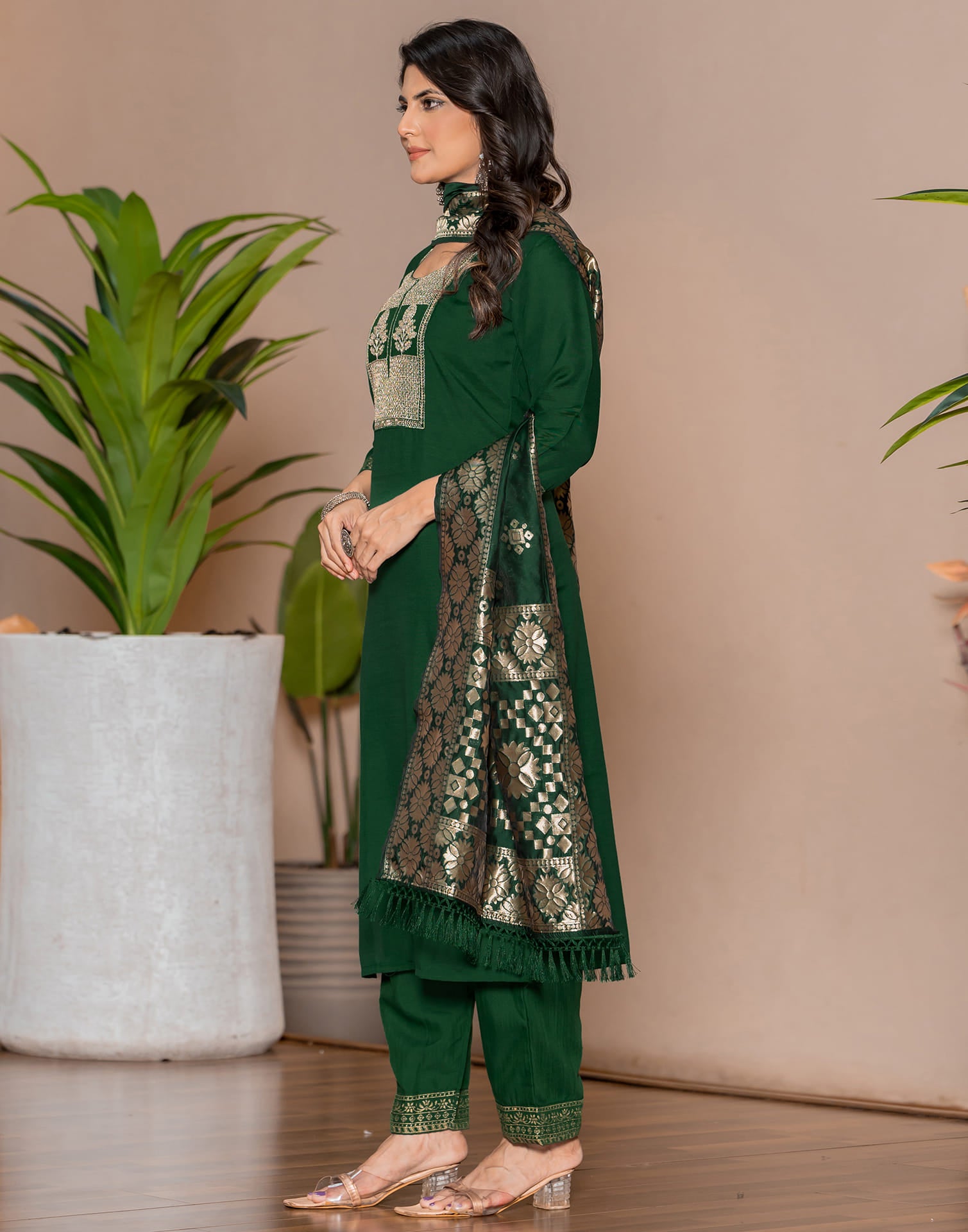 Dark Green Cotton Sequence Straight Kurta Set With Dupatta