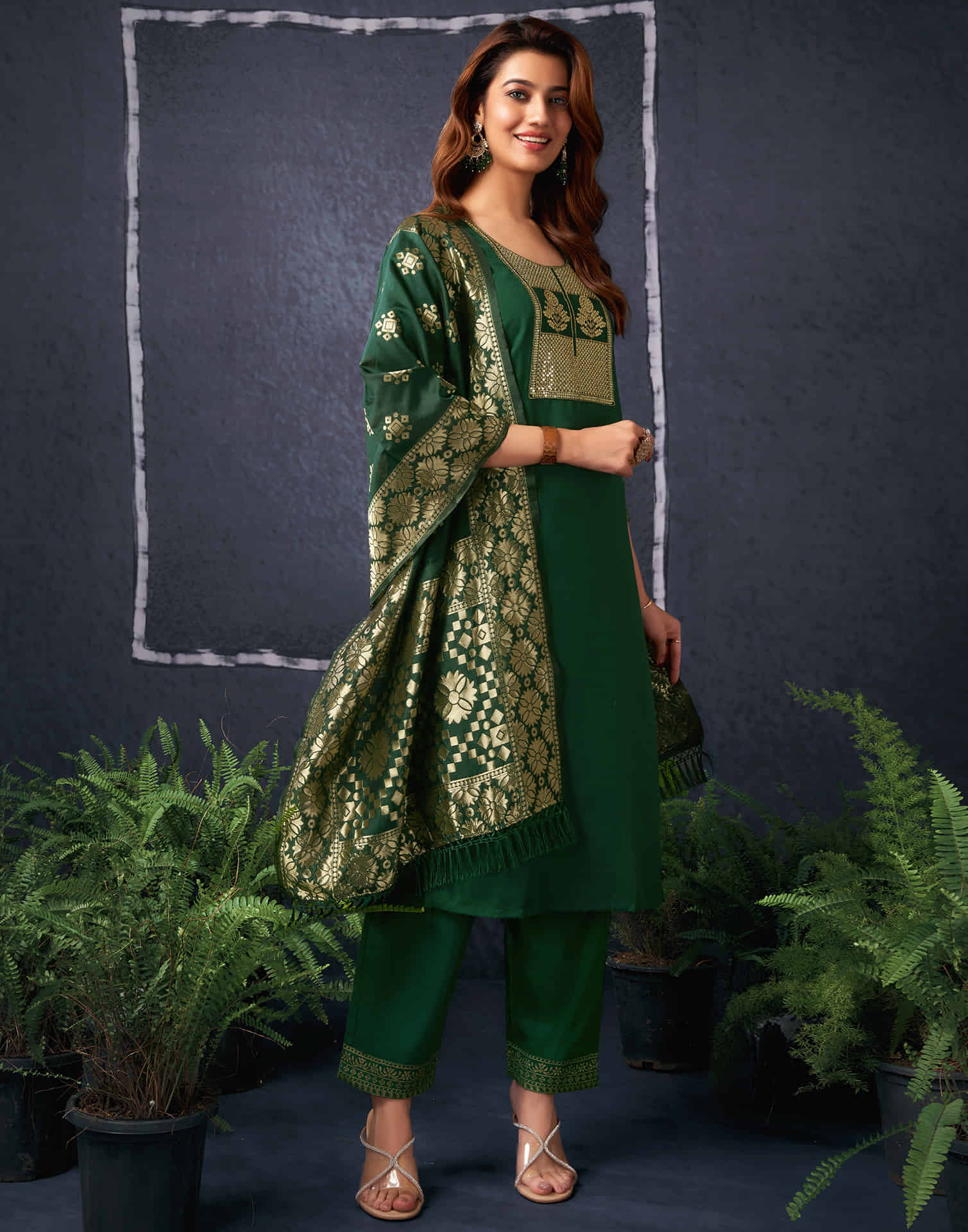 Dark Green Cotton Sequence Straight Kurta Set With Dupatta