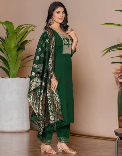 Dark Green Cotton Sequence Straight Kurta Set With Dupatta