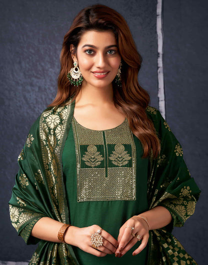 Dark Green Cotton Sequence Straight Kurta Set With Dupatta