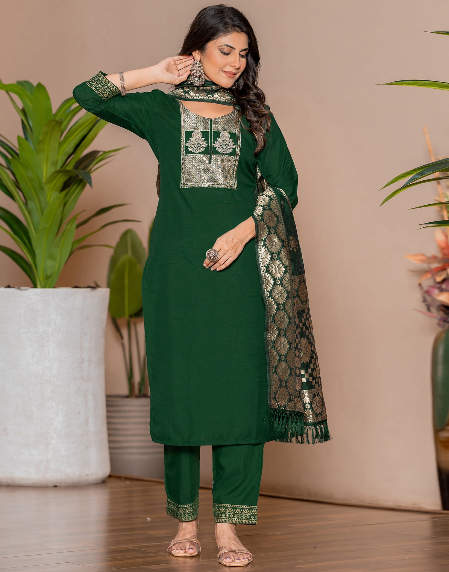 Dark Green Cotton Sequence Straight Kurta Set With Dupatta