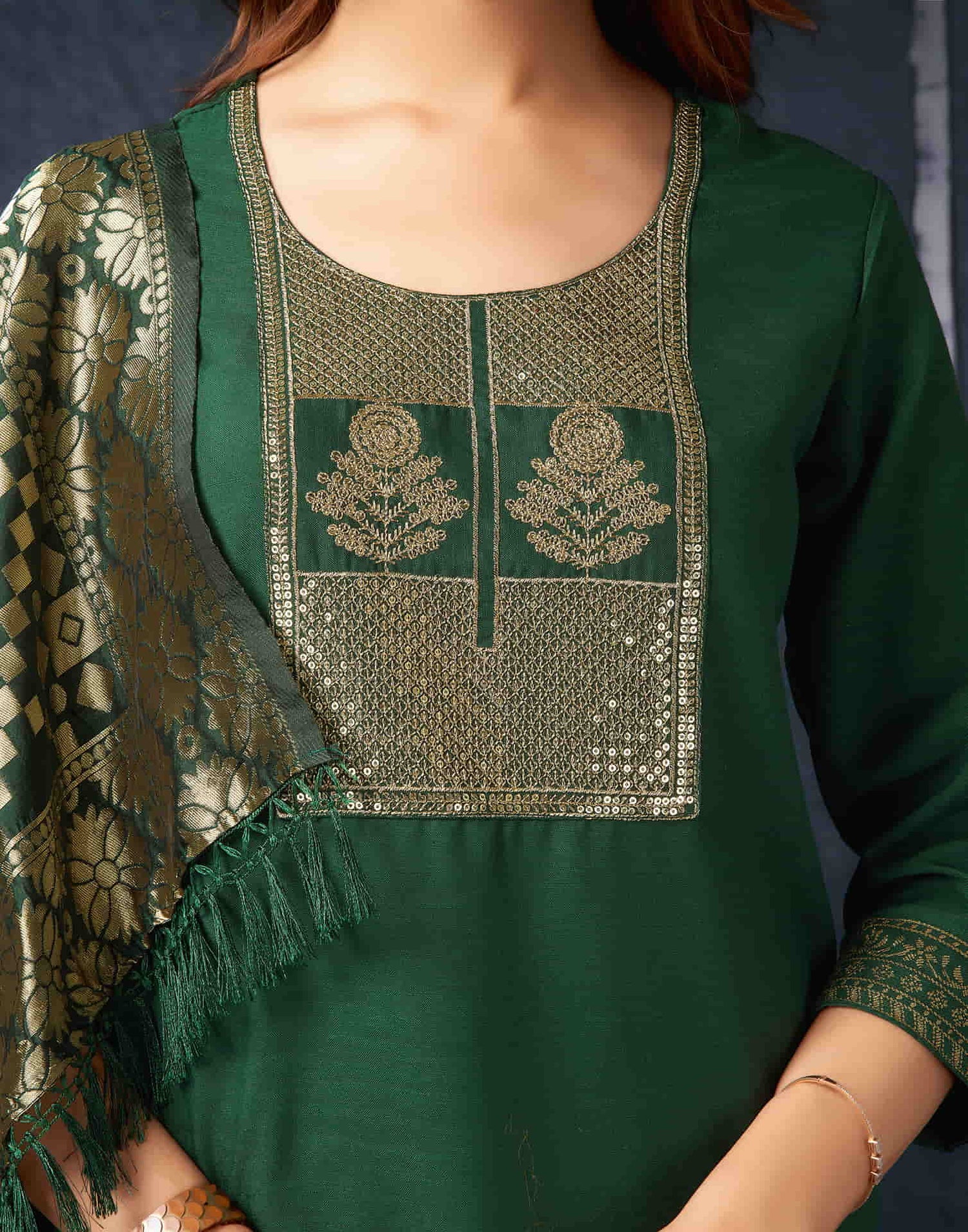 Dark Green Cotton Sequence Straight Kurta Set With Dupatta