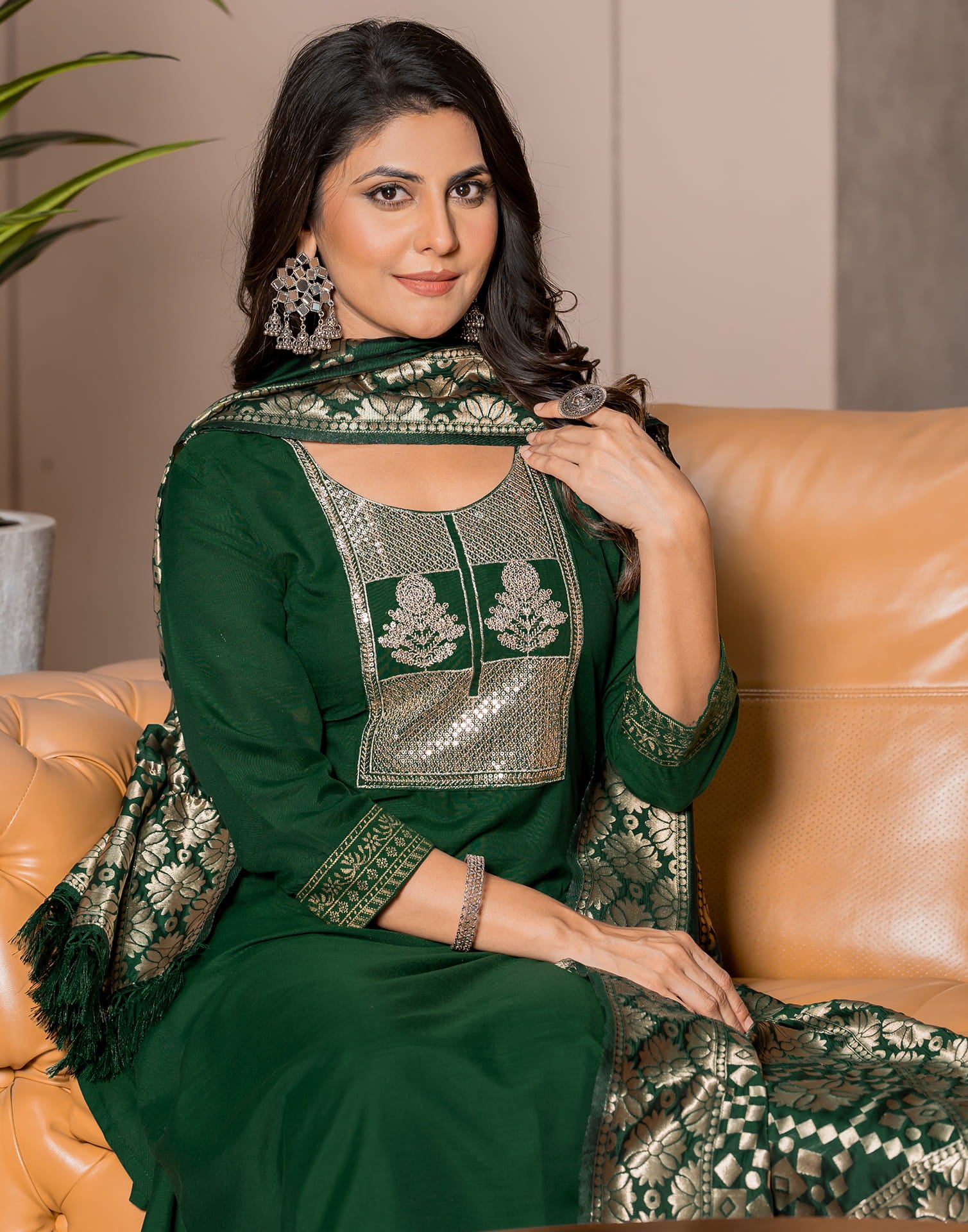 Dark Green Cotton Sequence Straight Kurta Set With Dupatta