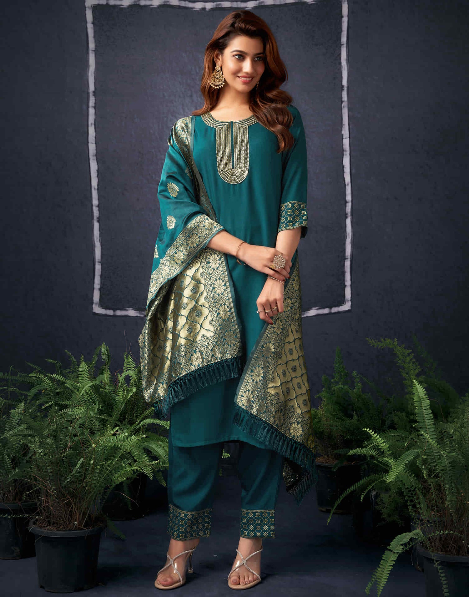 Rama Green Cotton Sequence Straight Kurta Set with Dupatta