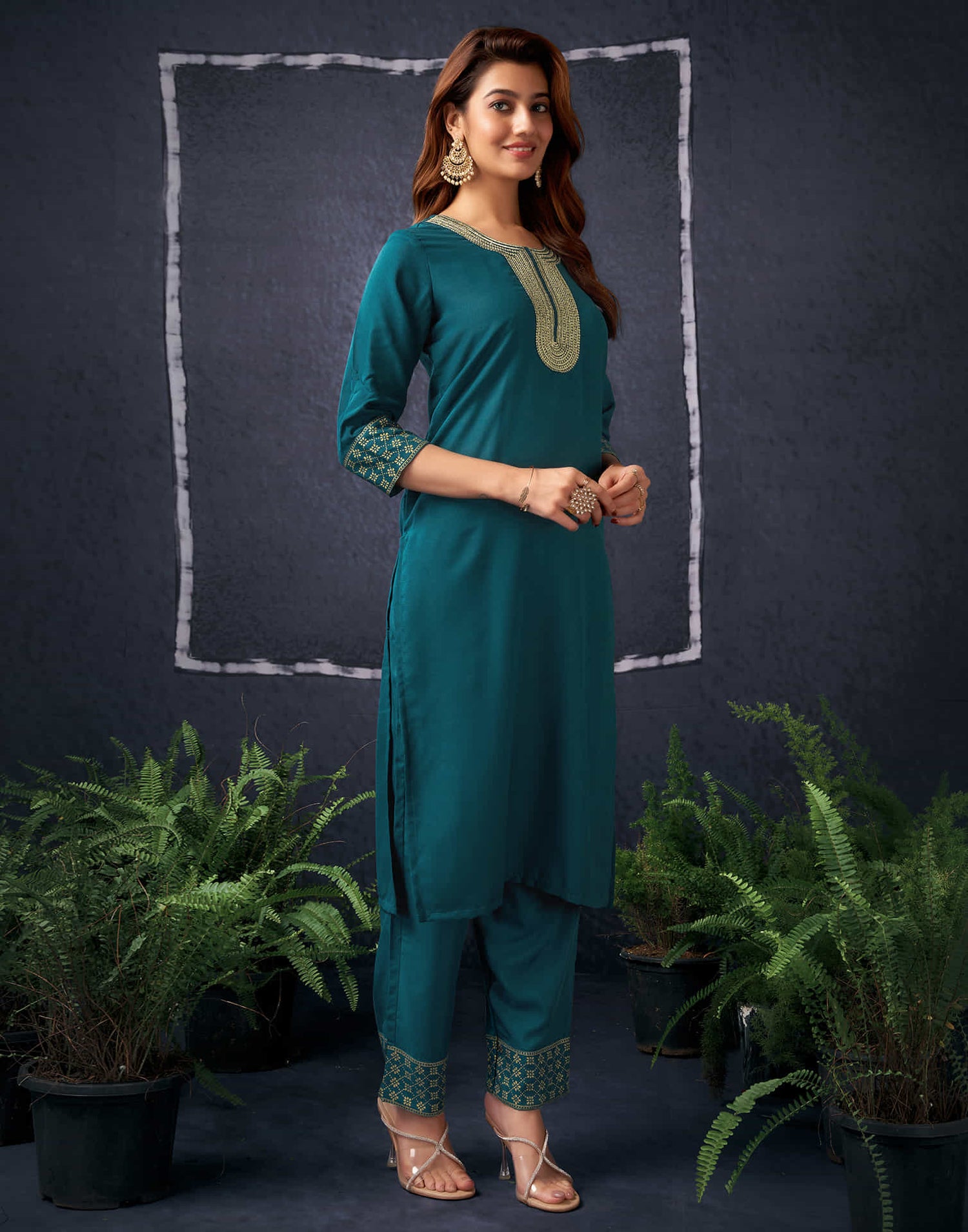 Rama Green Cotton Sequence Straight Kurta Set with Dupatta