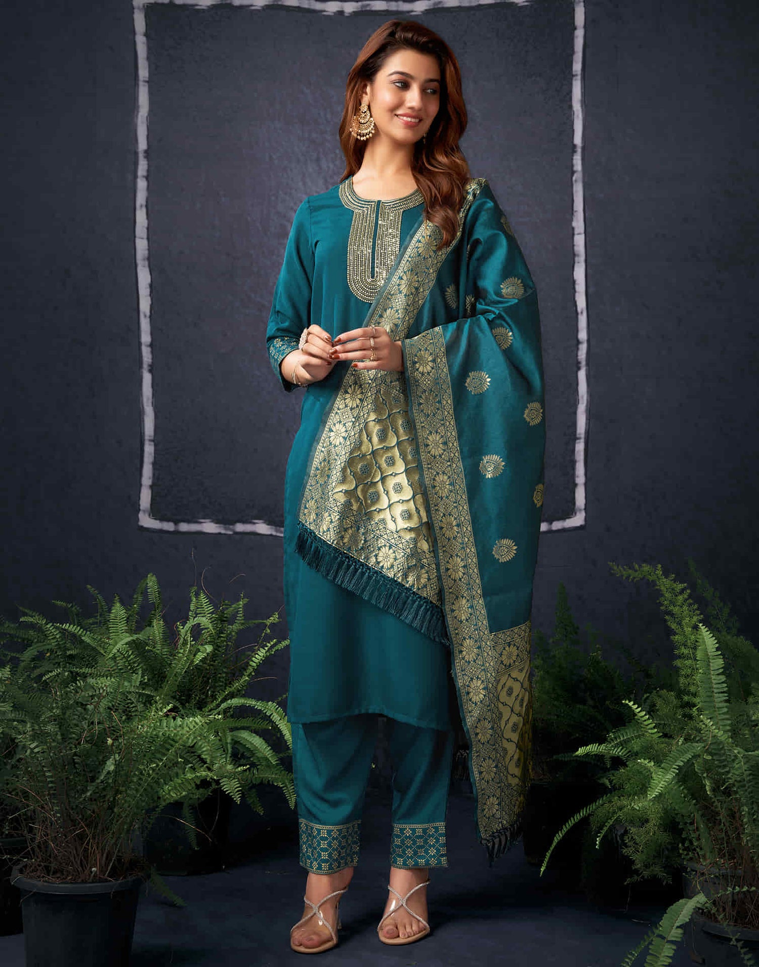 Rama Green Cotton Sequence Straight Kurta Set with Dupatta