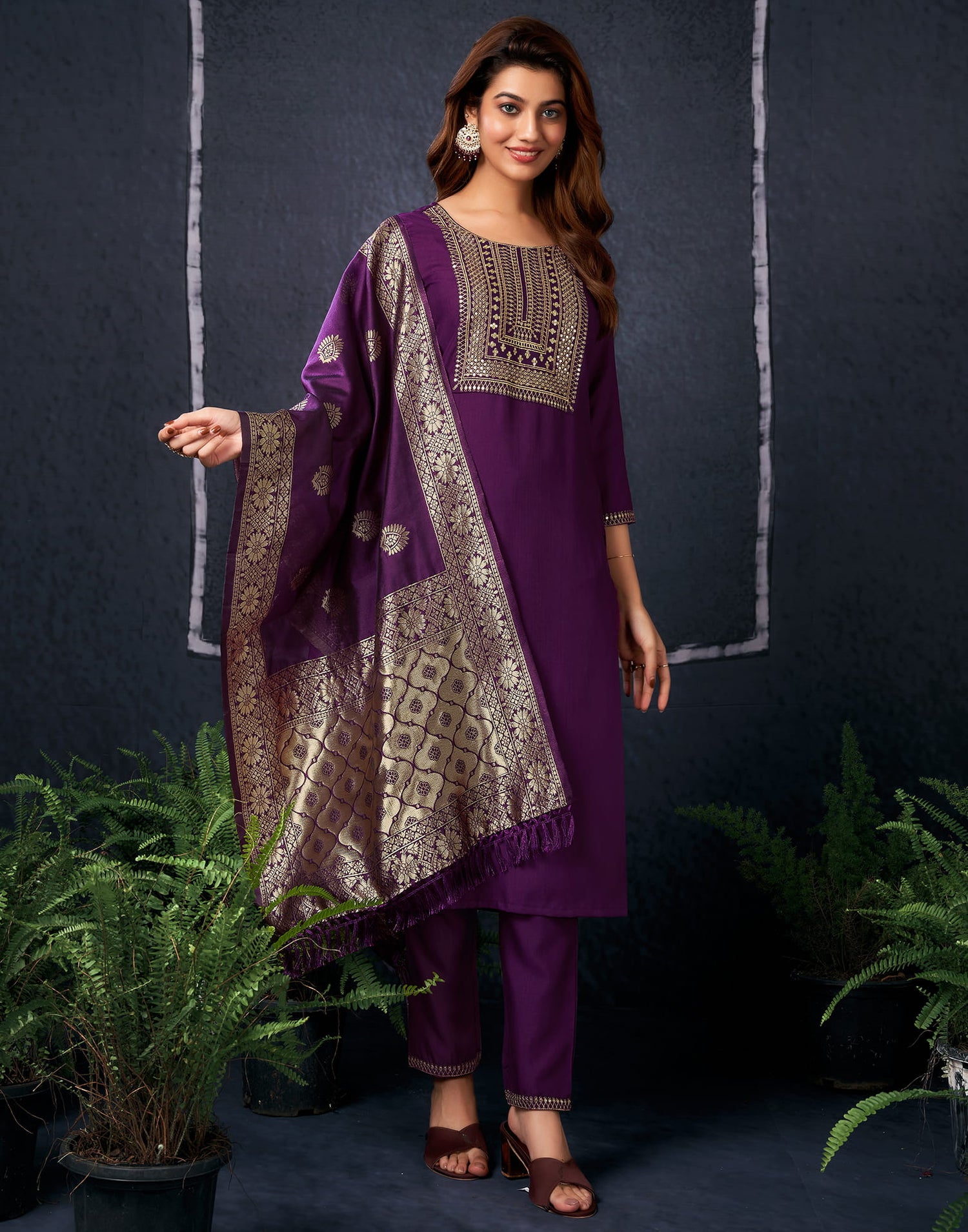 Wine Cotton Embroidery Straight Kurta Set With Dupatta