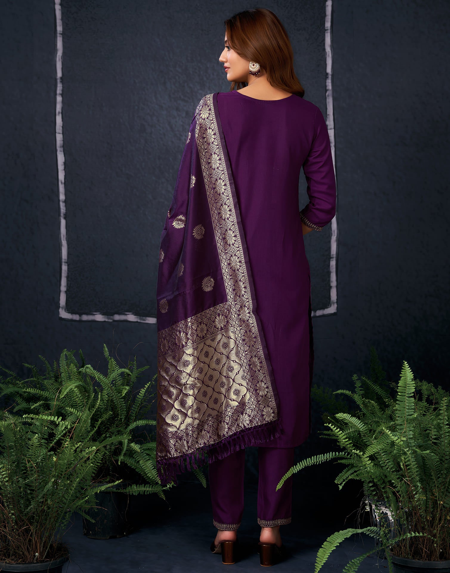 Wine Cotton Embroidery Straight Kurta Set With Dupatta