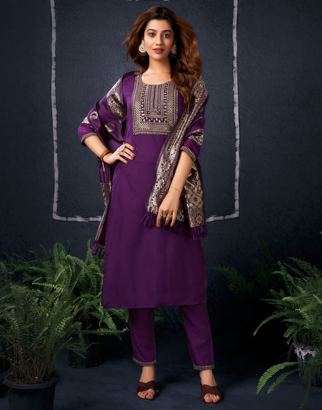 Wine Cotton Embroidery Straight Kurta Set With Dupatta