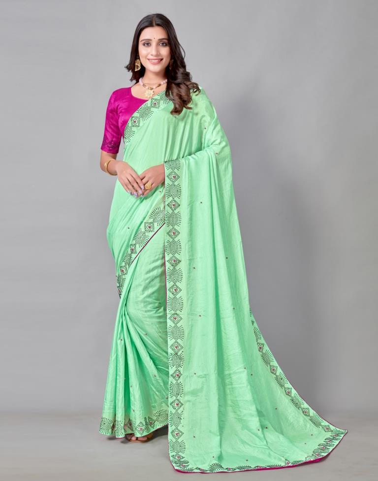Mint Green Coloured Poly Silk Hot Fixing Saree | Sudathi