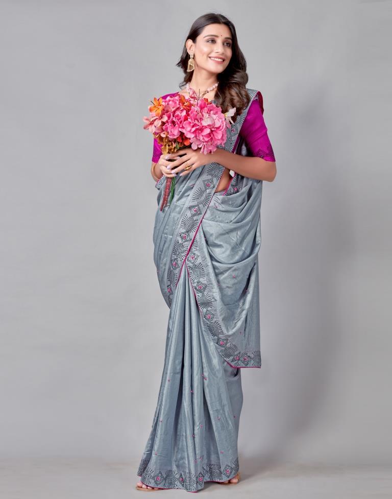 Steel Grey Coloured Poly Silk Hot Fixing Saree | Sudathi