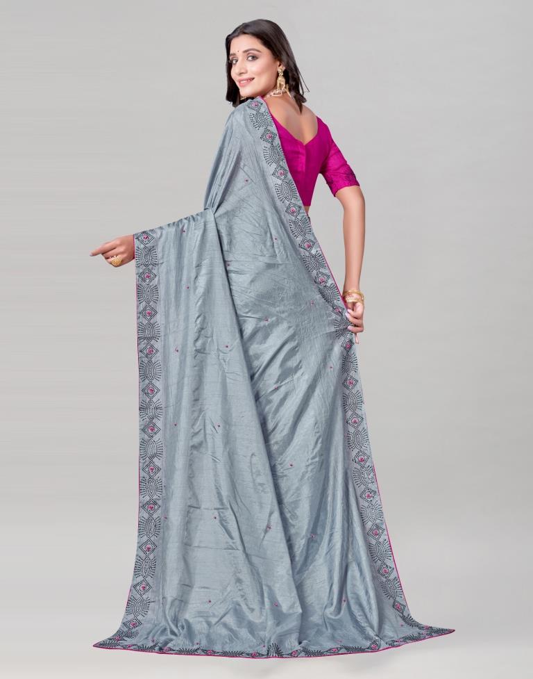 Steel Grey Coloured Poly Silk Hot Fixing Saree | Sudathi