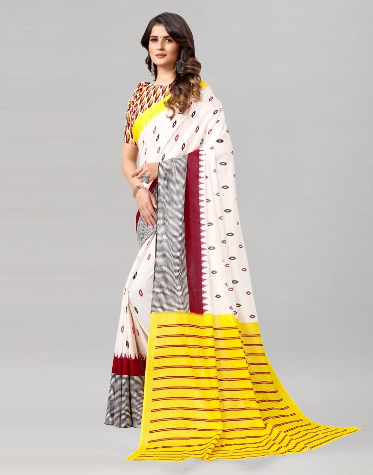 Off White Abstract Printed Cotton Saree | Sudathi