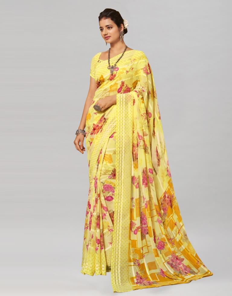 Yellow Coloured Georgette Floral Printed Saree | Sudathi
